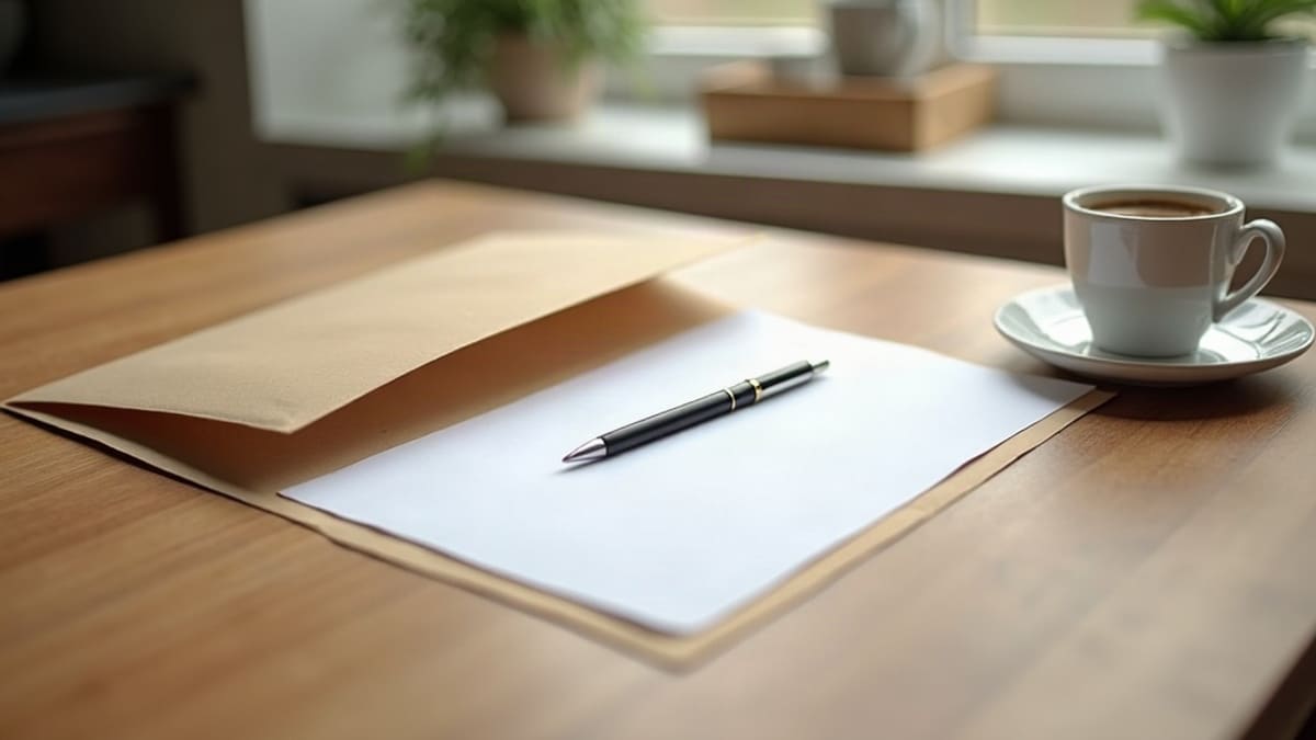 Une enveloppe fermée, une feuille de papier et un stylo posés sur une table de cuisine